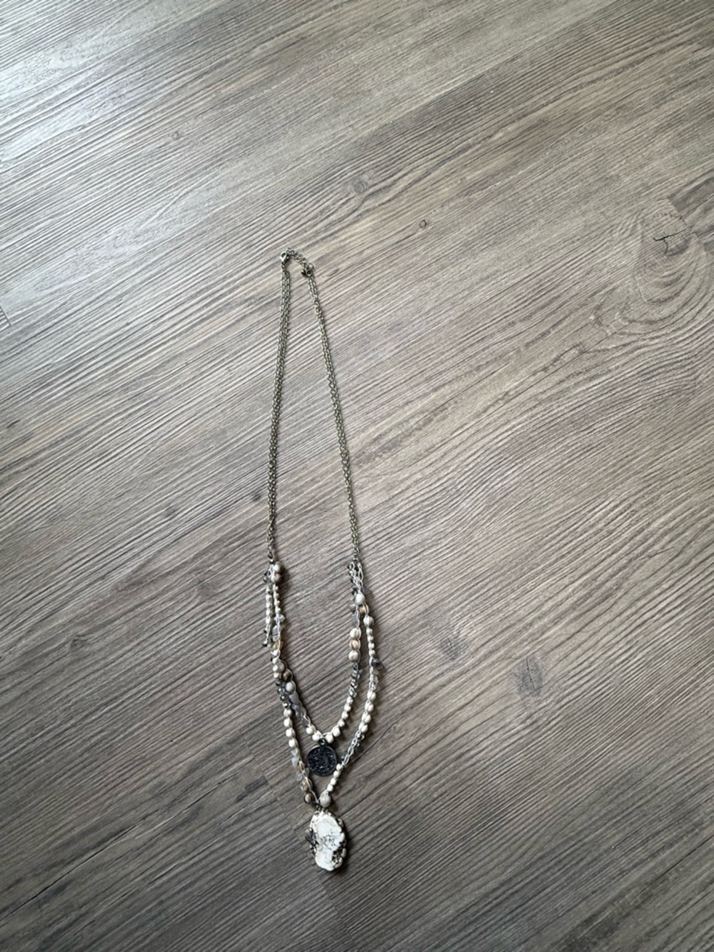 Layered Silver and White Beaded Pendant Necklace - Women's Jewelry